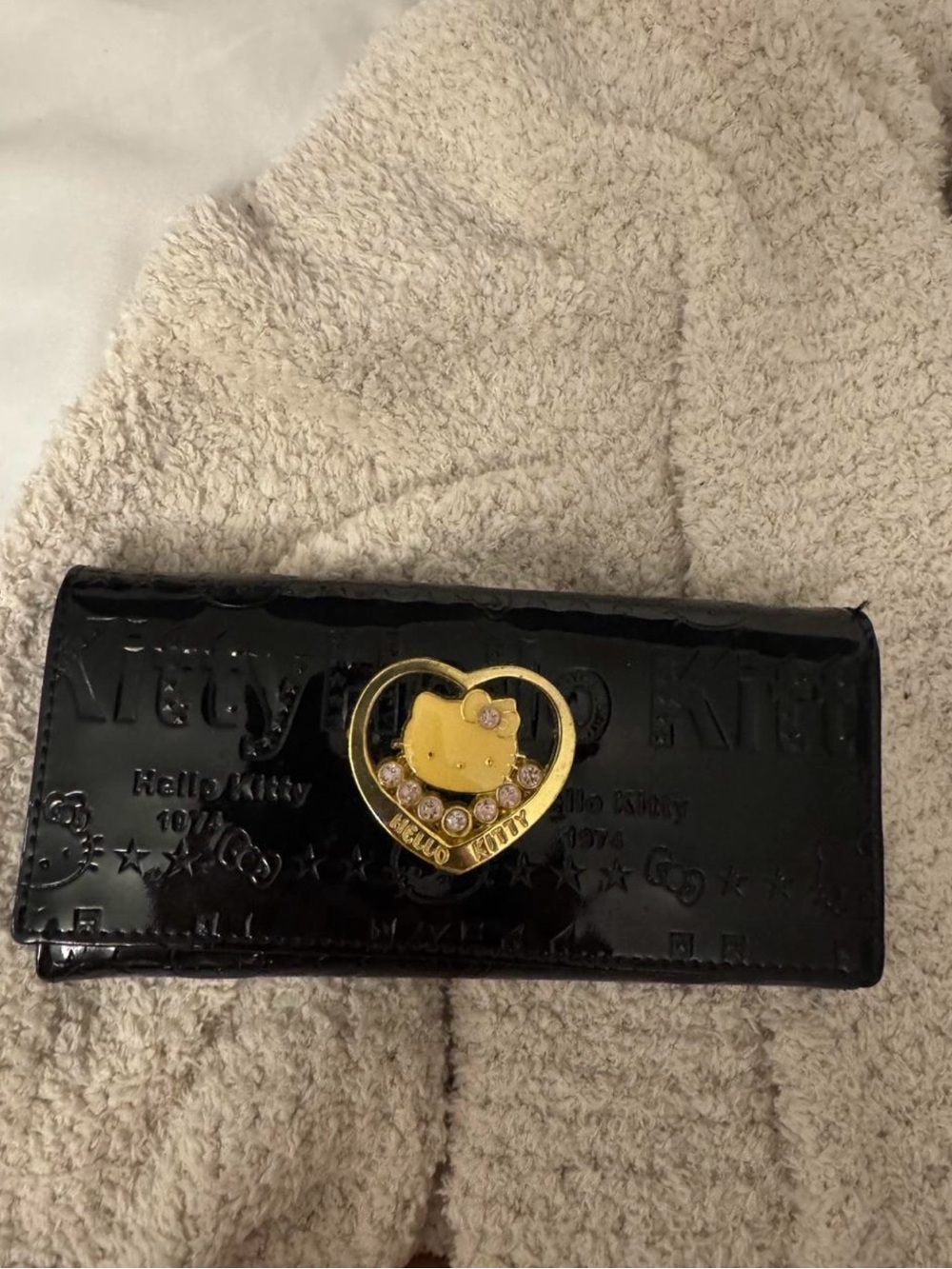 Hello Kitty Black Patent Wallet with Gold Heart Emblem